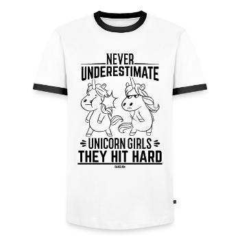 never underestimate unicorn girls - Men's Ringer Shirt - white/black - Front - AI Model Female 172 light (172cm) & AI Model Male 178 dark (178cm)