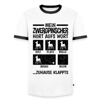 Zwergpinscher Zuhause klappts Pinscher - Männer Kontrast-T-Shirt - Weiß/Schwarz - Vorne - AI Model Female 172 light (172cm) & AI Model Male 178 dark (178cm)