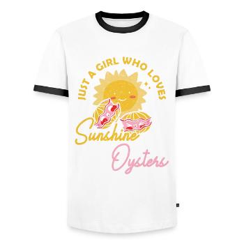 Just a Girl who Loves Sunshine and Oysters Austern - Men's Ringer Shirt - white/black - Front - AI Model Female 172 light (172cm) & AI Model Male 178 dark (178cm)