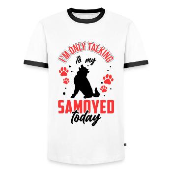 Samoyède ne parle qu’à mon Spitz Samoyède - T-shirt contrasté Homme - blanc/noir - Devant - AI Model Female 172 light (172cm) & AI Model Male 178 dark (178cm)
