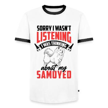 Samoyed était distrait Samoyed spitz - T-shirt contrasté Homme - blanc/noir - Devant - AI Model Female 172 light (172cm) & AI Model Male 178 dark (178cm)