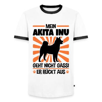 Akita Inu Gassi gehen japanischer Spitz - Männer Kontrast-T-Shirt - Weiß/Schwarz - Vorne - AI Model Female 172 light (172cm) & AI Model Male 178 dark (178cm)