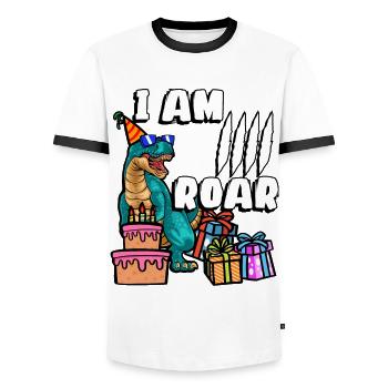 Je suis 4 Roar | Chemise d’anniversaire de dinosaure | - T-shirt contrasté Homme - blanc/noir - Devant - AI Model Female 172 light (172cm) & AI Model Male 178 dark (178cm)
