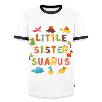 Sœur Saurus | | d’anniversaire de dinosaure - T-shirt contrasté Homme - blanc/noir - Devant - AI Model Female 172 light (172cm) & AI Model Male 178 dark (178cm)