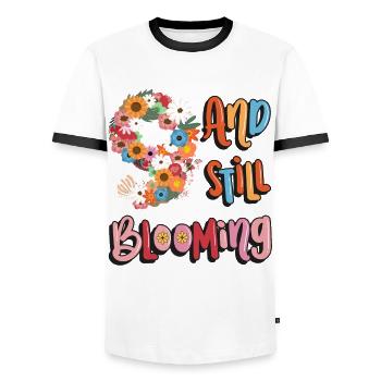 9 Et encore des filles en fleurs fleuries 9. - T-shirt contrasté Homme - blanc/noir - Devant - AI Model Female 172 light (172cm) & AI Model Male 178 dark (178cm)