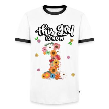 This girl is now 1, Colorful Flowers 1. - Men's Ringer Shirt - white/black - Front - AI Model Female 172 light (172cm) & AI Model Male 178 dark (178cm)