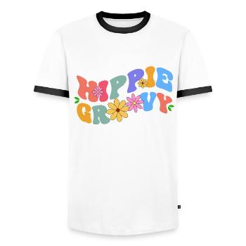 Hippie Groovy Bloom Floral Theme Colorful Leisure - Men's Ringer Shirt - white/black - Front - AI Model Female 172 light (172cm) & AI Model Male 178 dark (178cm)