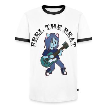 Cat plays guitar - Men's Ringer Shirt - white/black - Front - AI Model Female 172 light (172cm) & AI Model Male 178 dark (178cm)
