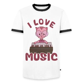 Ich liebe Musik - Katze spielt Piano - Männer Kontrast-T-Shirt - Weiß/Schwarz - Vorne - AI Model Female 172 light (172cm) & AI Model Male 178 dark (178cm)