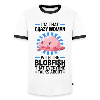 Crazy woman with the blobfish - Men's Ringer Shirt - white/black - Front - AI Model Female 172 light (172cm) & AI Model Male 178 dark (178cm)