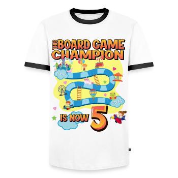 This board game Champion is now 5 | - Men's Ringer Shirt - white/black - Front - AI Model Female 172 light (172cm) & AI Model Male 178 dark (178cm)