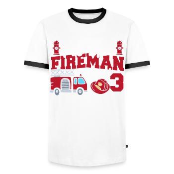 This little firefighter is now 3, - Men's Ringer Shirt - white/black - Front - AI Model Female 172 light (172cm) & AI Model Male 178 dark (178cm)