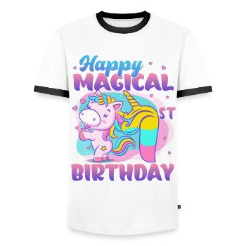 Happy Magical 1st Birthday Einhorn Pony - Männer Kontrast-T-Shirt - Weiß/Schwarz - Vorne - AI Model Female 172 light (172cm) & AI Model Male 178 dark (178cm)