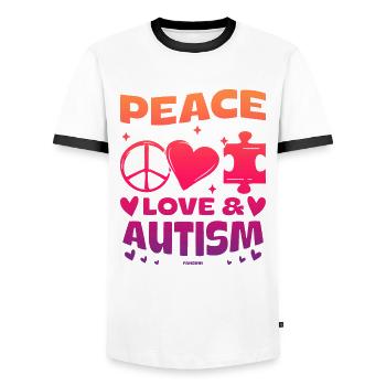 Frieden Liebe und Autismus - Männer Kontrast-T-Shirt - Weiß/Schwarz - Vorne - AI Model Female 172 light (172cm) & AI Model Male 178 dark (178cm)