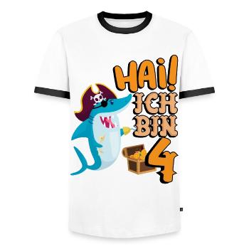 Hai! Ich Bin 4 Einäugiger Piraten Hai 4. - Männer Kontrast-T-Shirt - Weiß/Schwarz - Vorne - AI Model Female 172 light (172cm) & AI Model Male 178 dark (178cm)