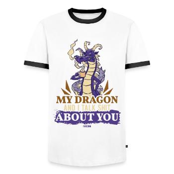Mon dragon et moi parlons de merde à propos de toi - T-shirt contrasté Homme - blanc/noir - Devant - AI Model Female 172 light (172cm) & AI Model Male 178 dark (178cm)