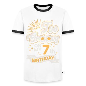 Too Groovy On My 7th Birthday Seven years old - Men's Ringer Shirt - white/black - Front - AI Model Female 172 light (172cm) & AI Model Male 178 dark (178cm)