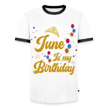 June is my birthday. The celebration for the - Men's Ringer Shirt - white/black - Front - AI Model Female 172 light (172cm) & AI Model Male 178 dark (178cm)