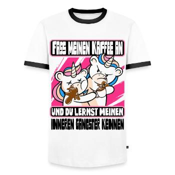 Lustig Einhorn Kaffee Kaffeetrinker Sarkastisch - Männer Kontrast-T-Shirt - Weiß/Schwarz - Vorne - AI Model Female 172 light (172cm) & AI Model Male 178 dark (178cm)