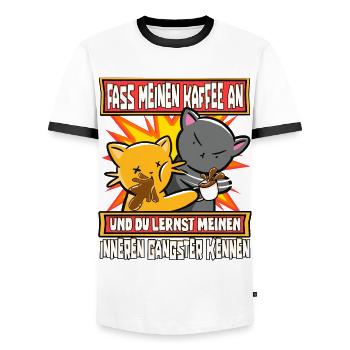 Lustig Katzen Kaffee Kaffeetrinker Sarkastisch - Männer Kontrast-T-Shirt - Weiß/Schwarz - Vorne - AI Model Female 172 light (172cm) & AI Model Male 178 dark (178cm)