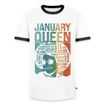 January - Month of Birth of the Queen - Celebrate - Men's Ringer Shirt - white/black - Front - AI Model Female 172 light (172cm) & AI Model Male 178 dark (178cm)
