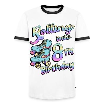 Rolling Into 8th Birthday Quad Skater - Men's Ringer Shirt - white/black - Front - AI Model Female 172 light (172cm) & AI Model Male 178 dark (178cm)