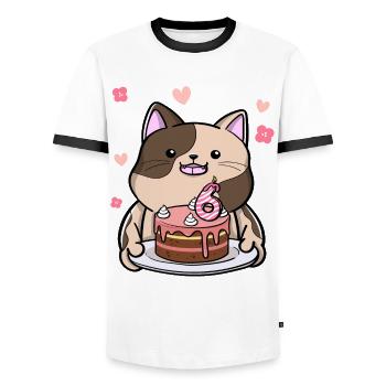 Chubby cat holds a birthday cake 6. - Men's Ringer Shirt - white/black - Front - AI Model Female 172 light (172cm) & AI Model Male 178 dark (178cm)