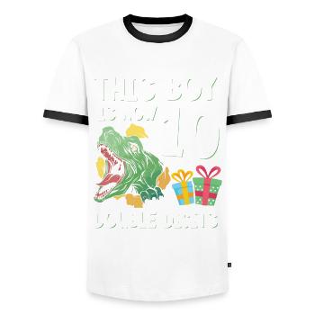 Boy Is Now 10 Double Digit Dino 10th Birthday - Men's Ringer Shirt - white/black - Front - AI Model Female 172 light (172cm) & AI Model Male 178 dark (178cm)