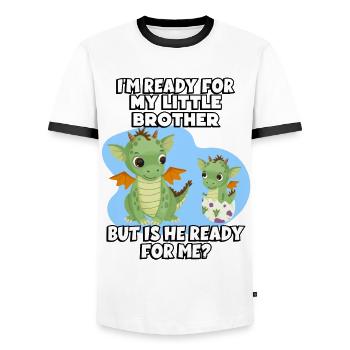 I'm ready for my little brother, but - Men's Ringer Shirt - white/black - Front - AI Model Female 172 light (172cm) & AI Model Male 178 dark (178cm)