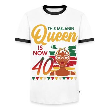 Cette reine de la mélanine a maintenant 40 ans, 40e anniversaire - T-shirt contrasté Homme - blanc/noir - Devant - AI Model Female 172 light (172cm) & AI Model Male 178 dark (178cm)