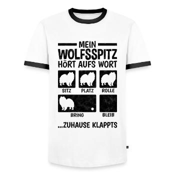 Wolfsspitz Hundetricks deutscher Spitz Keeshond - Männer Kontrast-T-Shirt - Weiß/Schwarz - Vorne - AI Model Female 172 light (172cm) & AI Model Male 178 dark (178cm)