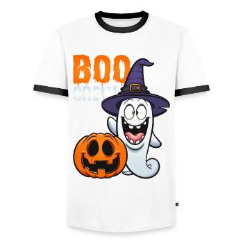 Funny Spirit Happy Halloween Costume Boo Horror - Men's Ringer Shirt - white/black - Front - AI Model Female 172 light (172cm) & AI Model Male 178 dark (178cm)
