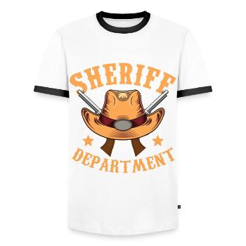 Sheriff Department Cowboy Hat Revolver Sheriff Star - Men's Ringer Shirt - white/black - Front - AI Model Female 172 light (172cm) & AI Model Male 178 dark (178cm)