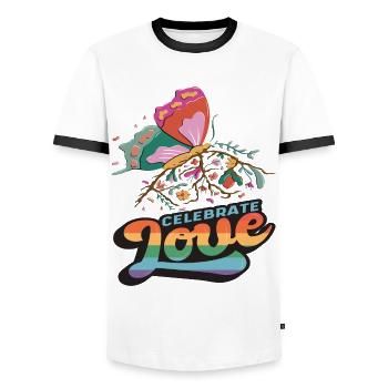 Citation de motivation Love Butterfly avec des papillons - T-shirt contrasté Homme - blanc/noir - Devant - AI Model Female 172 light (172cm) & AI Model Male 178 dark (178cm)