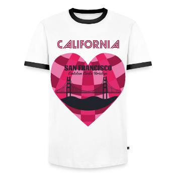 California Retro San Francisco Golden Gate Bridge - Men's Ringer Shirt - white/black - Front - AI Model Female 172 light (172cm) & AI Model Male 178 dark (178cm)