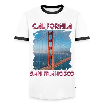 California Love San Francisco Golden Gate Bridge-A - Men's Ringer Shirt - white/black - Front - AI Model Female 172 light (172cm) & AI Model Male 178 dark (178cm)