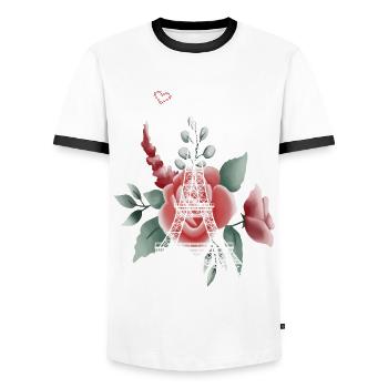 Paris-Amour-Roses-Tour Eiffel-Souvenir-France- - T-shirt contrasté Homme - blanc/noir - Devant - AI Model Female 172 light (172cm) & AI Model Male 178 dark (178cm)