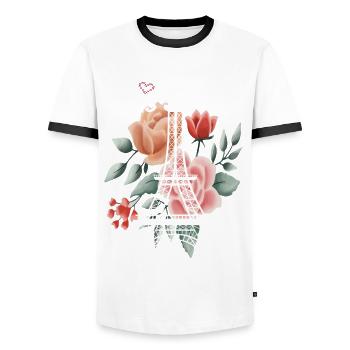 Eiffel Tower with rose-love-souvenir-French par - Men's Ringer Shirt - white/black - Front - AI Model Female 172 light (172cm) & AI Model Male 178 dark (178cm)