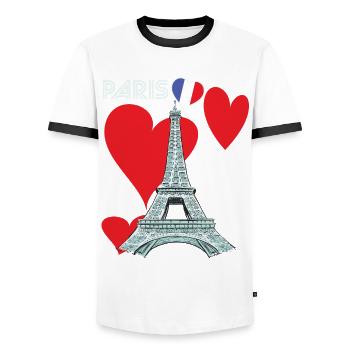Amour-Souvenir-Français Paris-France-Eiffelt - T-shirt contrasté Homme - blanc/noir - Devant - AI Model Female 172 light (172cm) & AI Model Male 178 dark (178cm)