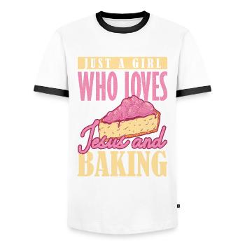 Just a Girl who Loves Jesus and Baking Backen - Men's Ringer Shirt - white/black - Front - AI Model Female 172 light (172cm) & AI Model Male 178 dark (178cm)