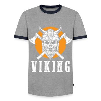 Wikinger-Krieger-Schädel-Axt Walhalla Warriors Myt - Männer Kontrast-T-Shirt - Grau/Navy  - Vorne - AI Model Female 172 light (172cm) & AI Model Male 178 light (178cm)