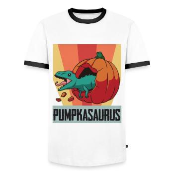 Funny Halloween Pumpkasaurus Baby Dino Horrorko - Men's Ringer Shirt - white/black - Front - AI Model Female 172 light (172cm) & AI Model Male 178 dark (178cm)