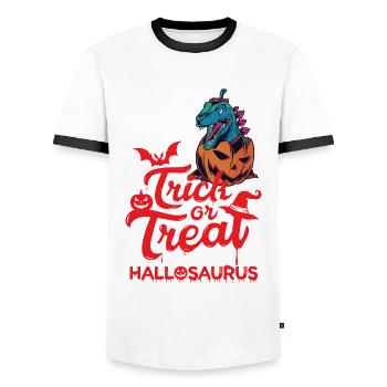 T-Rex Funny Halloween Dino Horror Costume Hallosaur - Men's Ringer Shirt - white/black - Front - AI Model Female 172 light (172cm) & AI Model Male 178 dark (178cm)