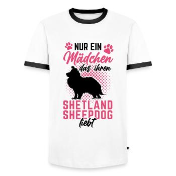 Mädchen mit Shetland Sheepdog britischer Sheepdog - Männer Kontrast-T-Shirt - Weiß/Schwarz - Vorne - AI Model Female 172 light (172cm) & AI Model Male 178 dark (178cm)