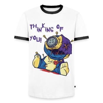 Thinking Of You Voodoo Doll Creepy Halloween Witch - Men's Ringer Shirt - white/black - Front - AI Model Female 172 light (172cm) & AI Model Male 178 dark (178cm)