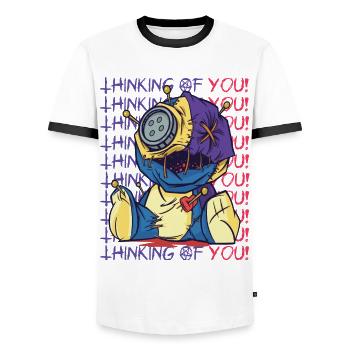 Creepy Voodoo Doll Thinking of You Hallowee - Men's Ringer Shirt - white/black - Front - AI Model Female 172 light (172cm) & AI Model Male 178 dark (178cm)
