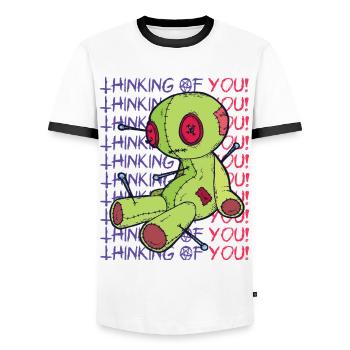 Voodoo Doll Witchcraft Think of You Creepy Hello - Men's Ringer Shirt - white/black - Front - AI Model Female 172 light (172cm) & AI Model Male 178 dark (178cm)