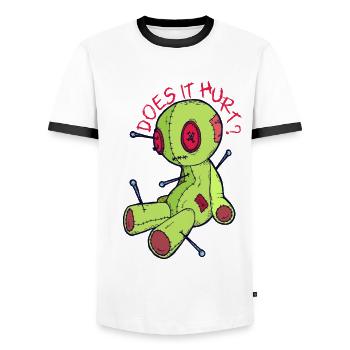 La sorcellerie de poupée vaudou Est-ce que ça fait mal? Relique effrayante - T-shirt contrasté Homme - blanc/noir - Devant - AI Model Female 172 light (172cm) & AI Model Male 178 dark (178cm)