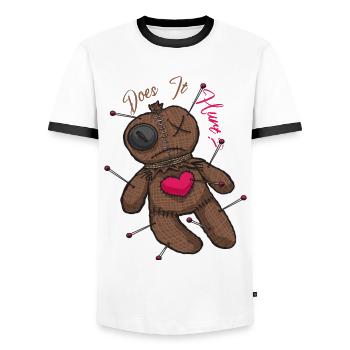 Funny Voodoo Doll Does it hurt? Witchcraft Creepy - Men's Ringer Shirt - white/black - Front - AI Model Female 172 light (172cm) & AI Model Male 178 dark (178cm)