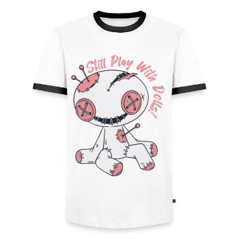 Creepy Voodoo Doll Playing with Dolls Witchcraft - Men's Ringer Shirt - white/black - Front - AI Model Female 172 light (172cm) & AI Model Male 178 dark (178cm)